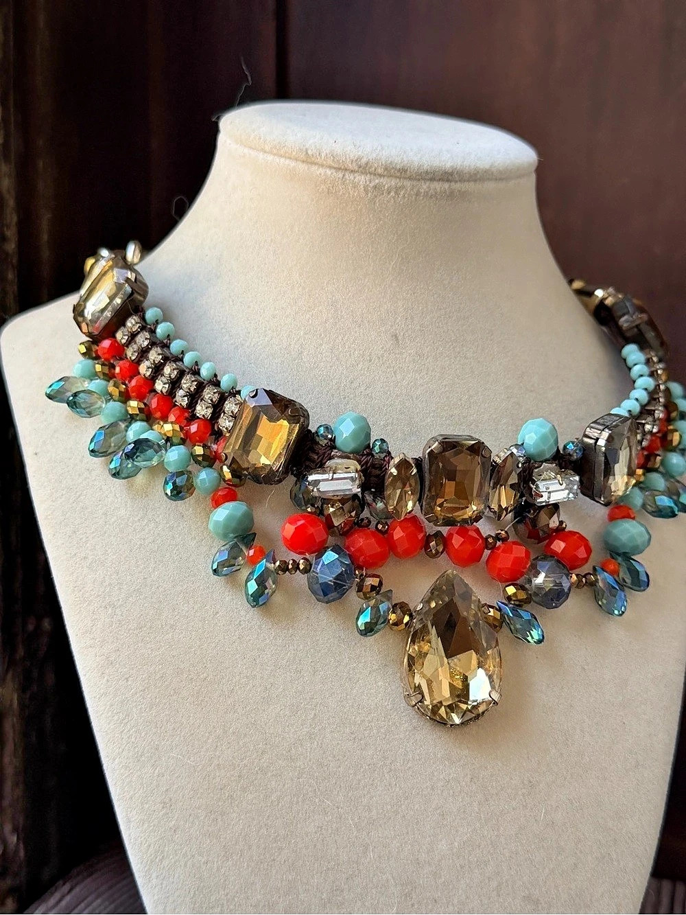 Multicolor Rhinestone Statement Choker Necklace Gold Tone Beaded Bib